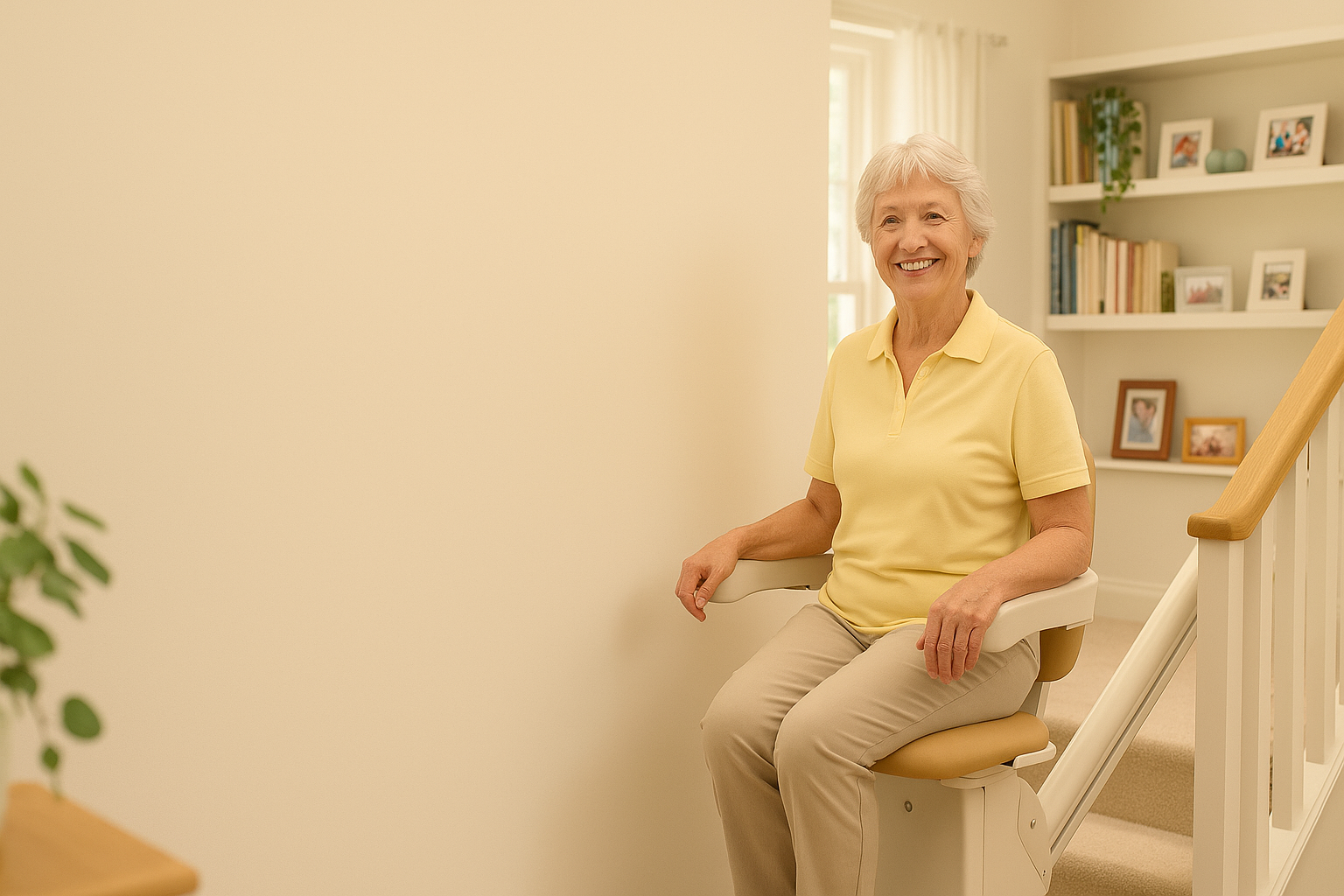 Senior woman safely using a modern stair lift in her home, smiling confidently while ascending stairs