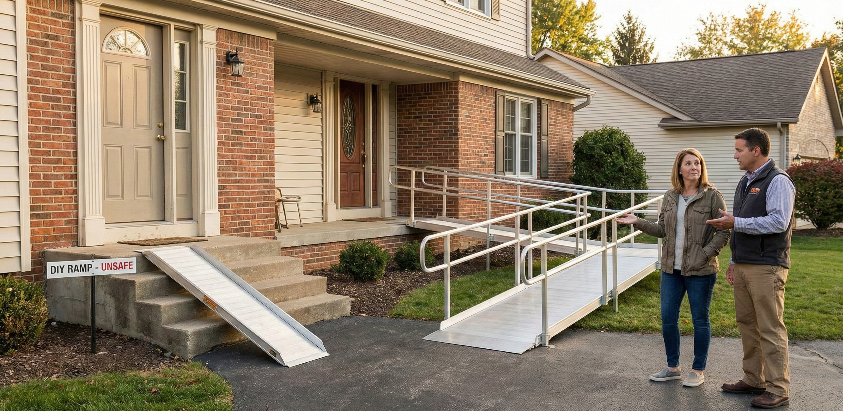 Comparison of unsafe steep ramp versus safe modular accessibility ramp at home entrance