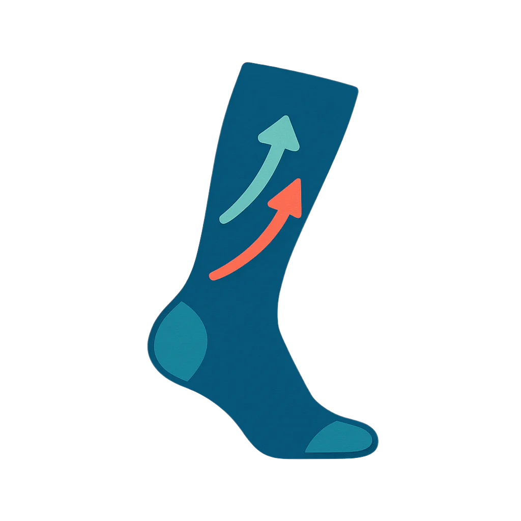 Flat icon of compression sock with supportive arrows and gentle curves.