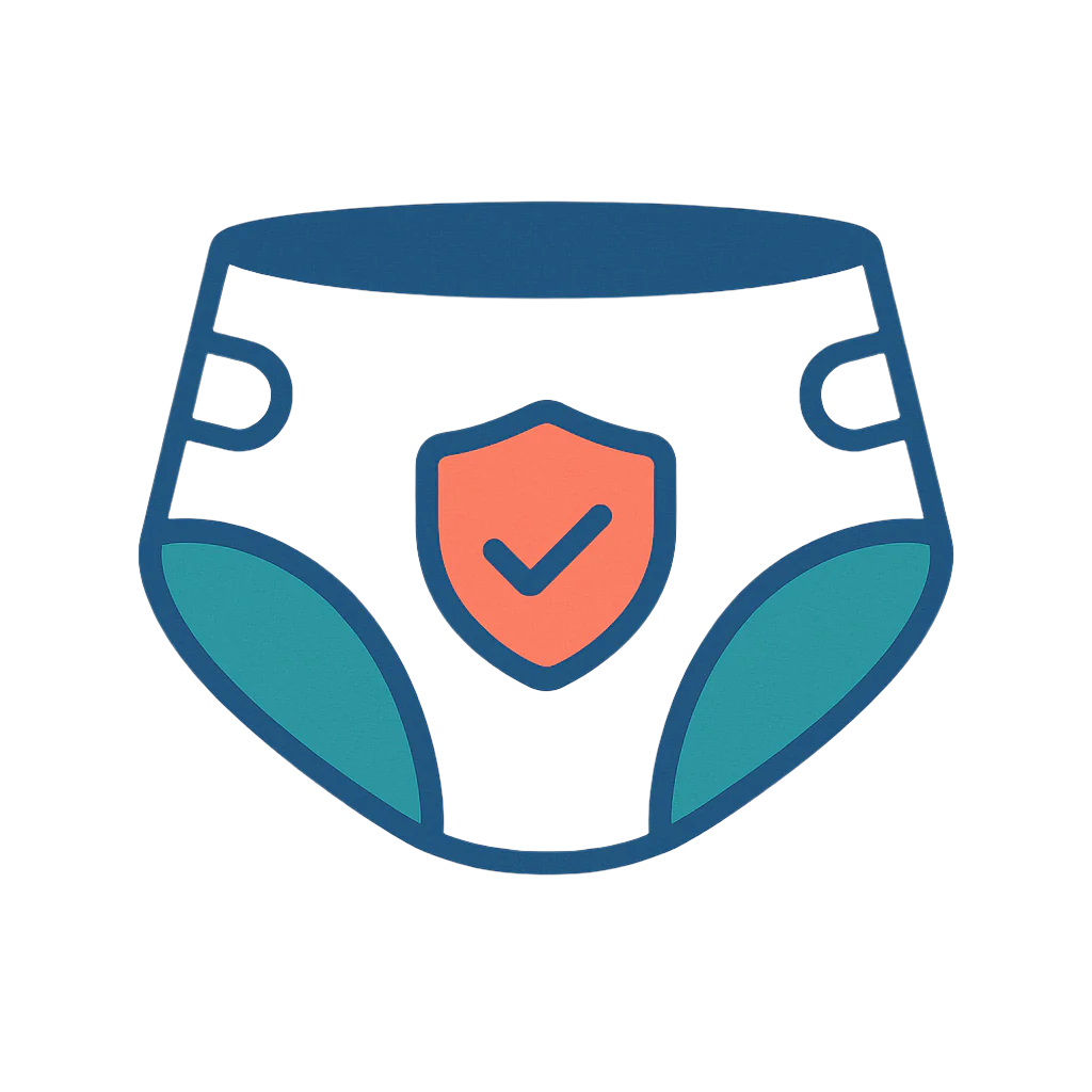 Icon of an adult incontinence brief with a soft shield overlay, representing protection, comfort, and dignity.