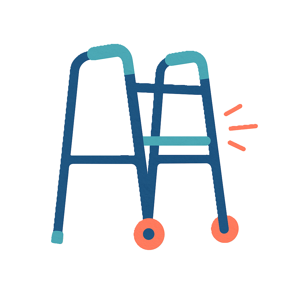 Icon of a lightweight walker with motion lines, symbolizing stability and mobility support.